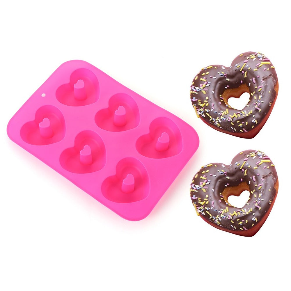 Molde de pastel reutilizable Donuts forma de corazón bandeja para hornear  Donut Pan Molde de silicona para donas Moldes para hornear (rojo rosa)